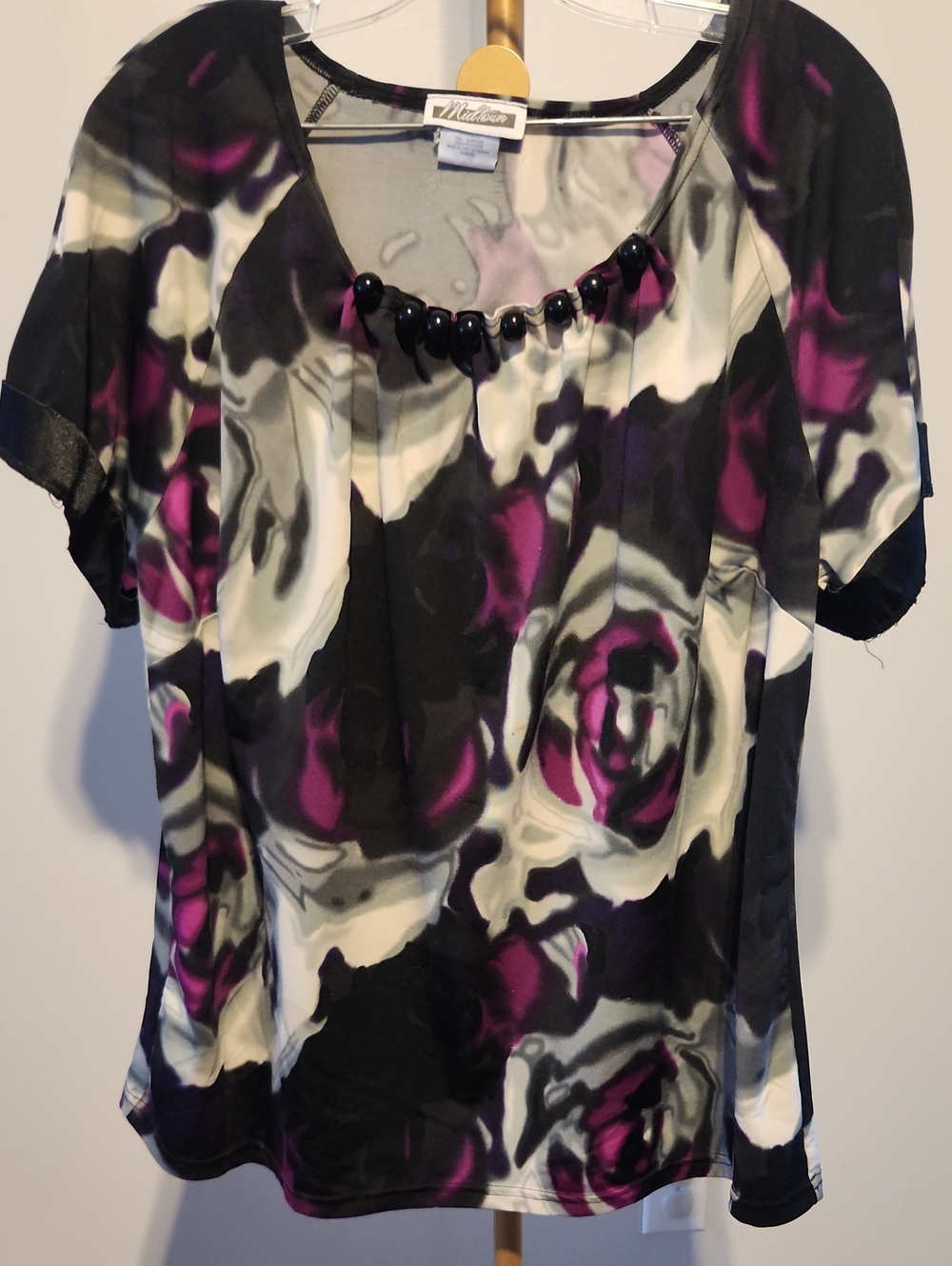 Floral Bead-Trim Blouse - Black, White & Purple